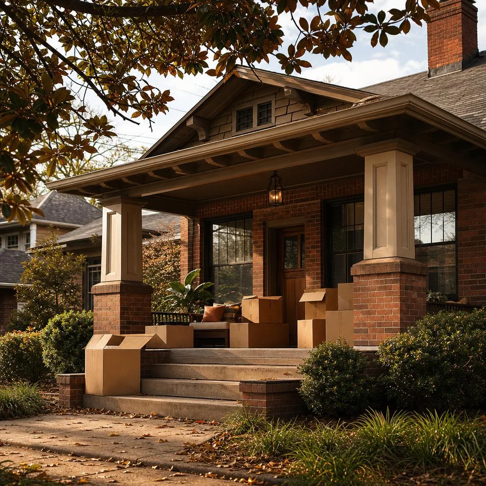 brick Birmingham bungalow porch with moving crates