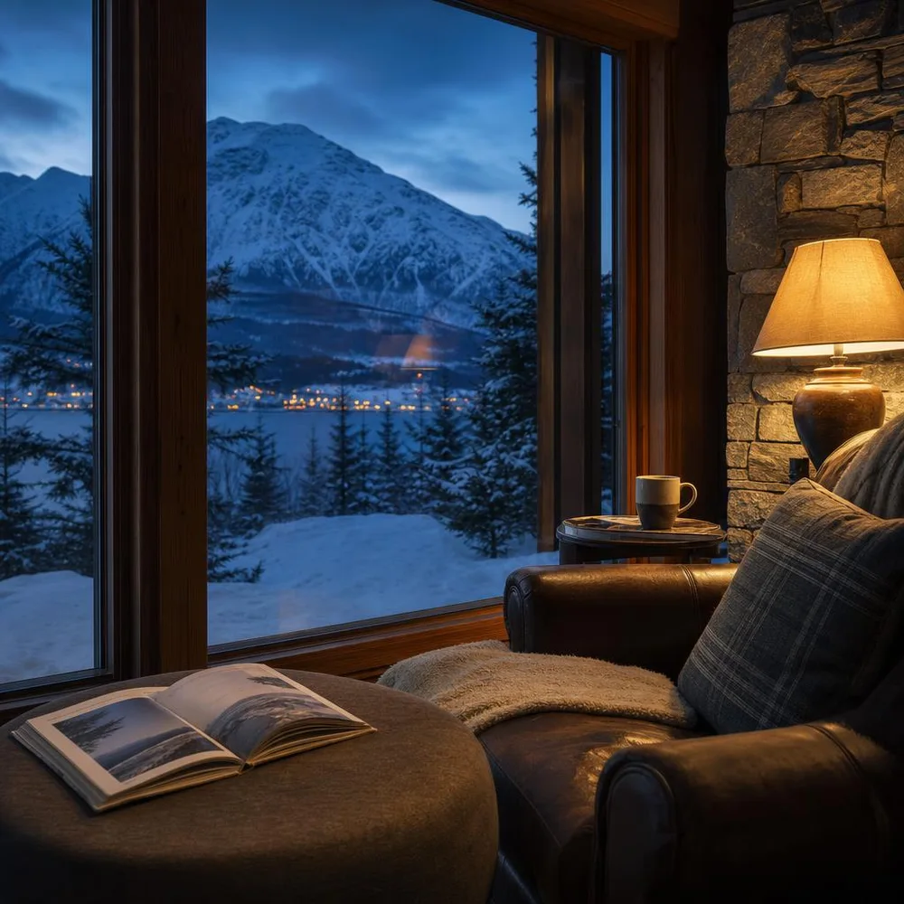 Serene Anchorage cabin reading nook at blue hour