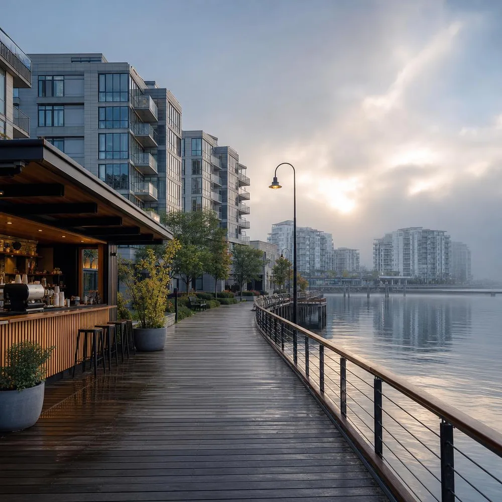 Elegant Stamford waterfront boardwalk on a misty morning