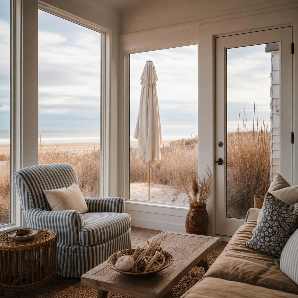 Peaceful Rehoboth beach cottage sunroom with striped chair