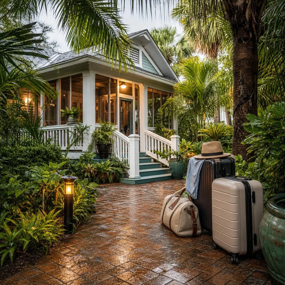 Lush Tampa bungalow garden with screened porch