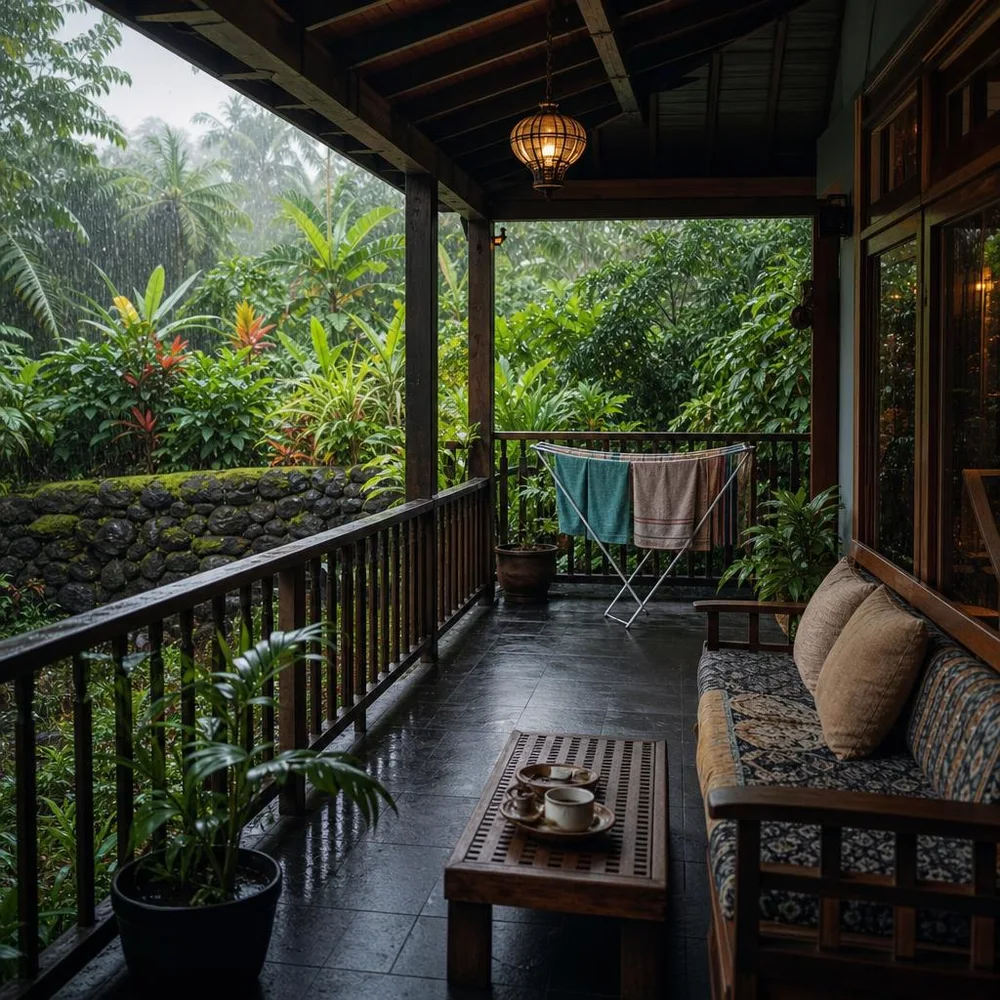 Hilo covered veranda with rain on tropical foliage