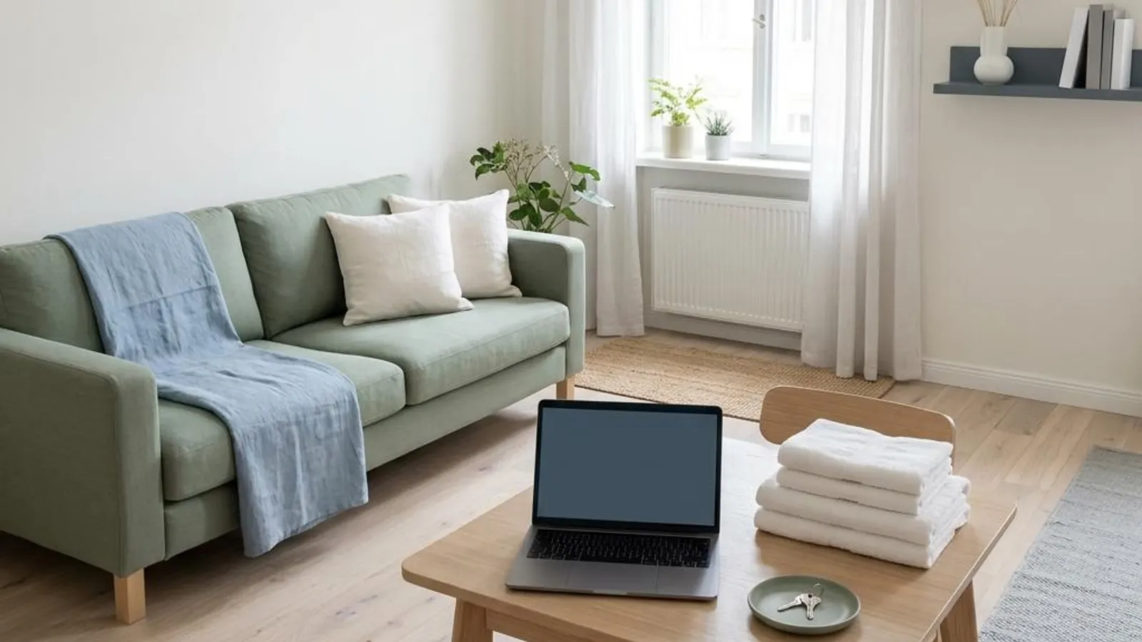 Sage-green sofa with a soft blue throw beside a light oak table holding a blank-screen laptop, folded white towels and a silver house key in a ceramic dish.