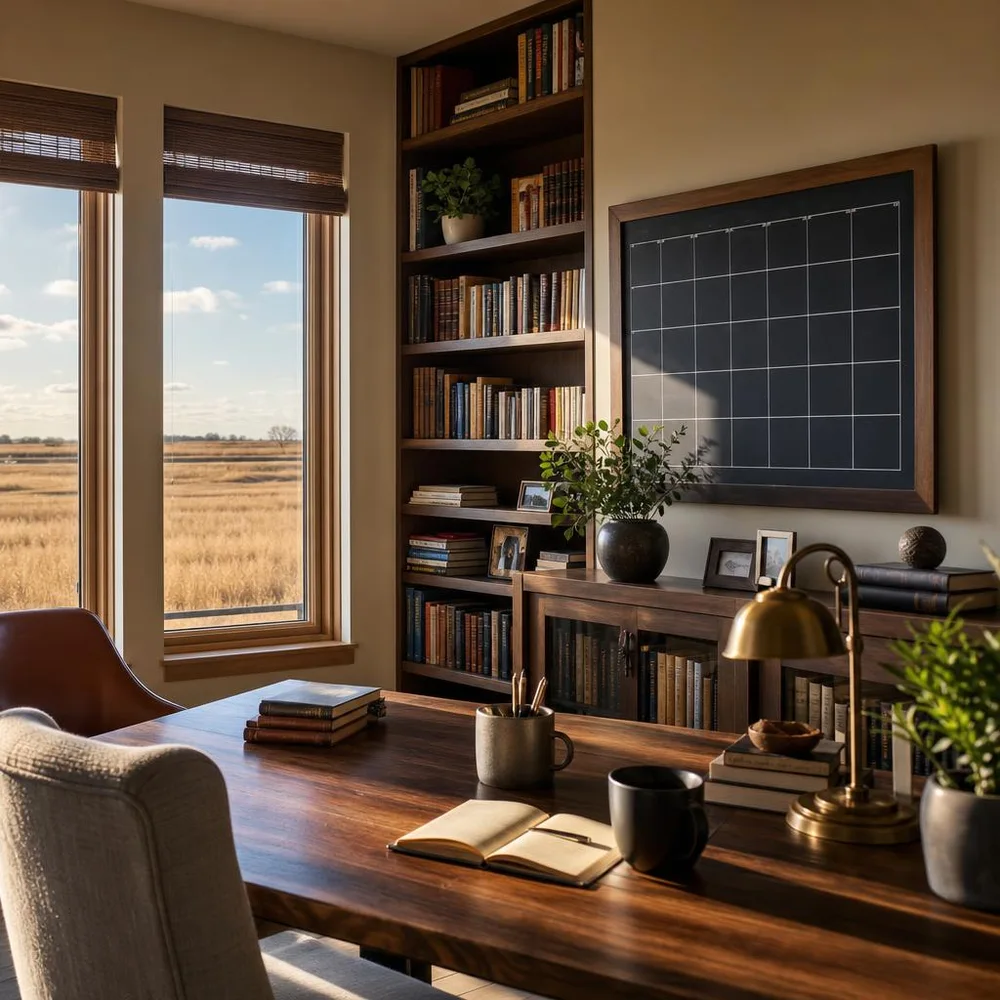 Inviting Champaign study filled with books