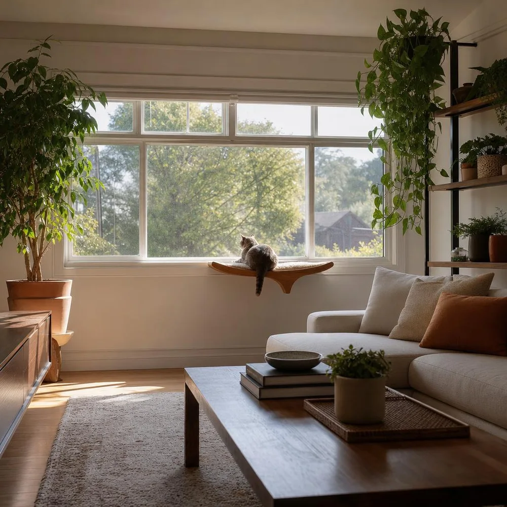 Sunlit Des Moines living room with window cat perch