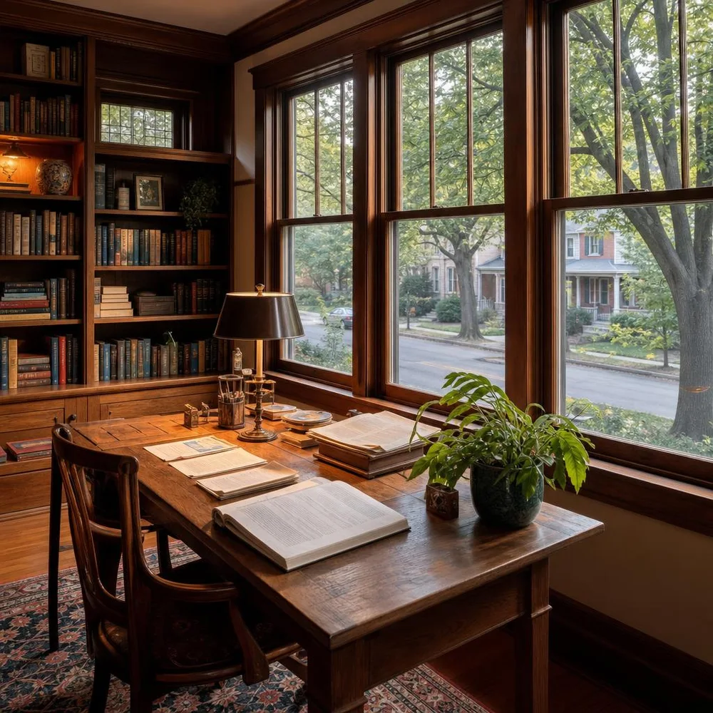 Lawrence Craftsman library nook with research papers