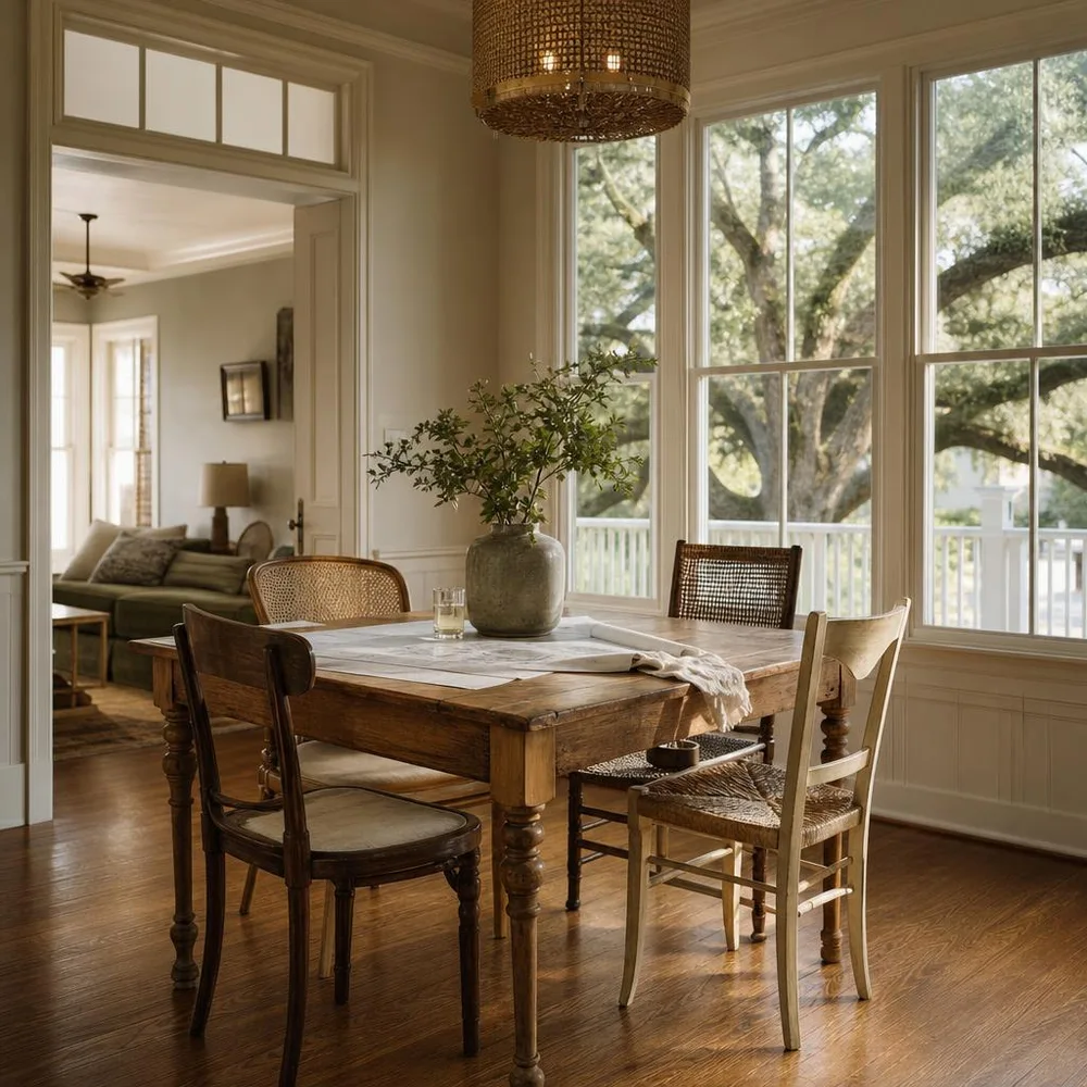 Baton Rouge raised cottage dining room with four different chairs