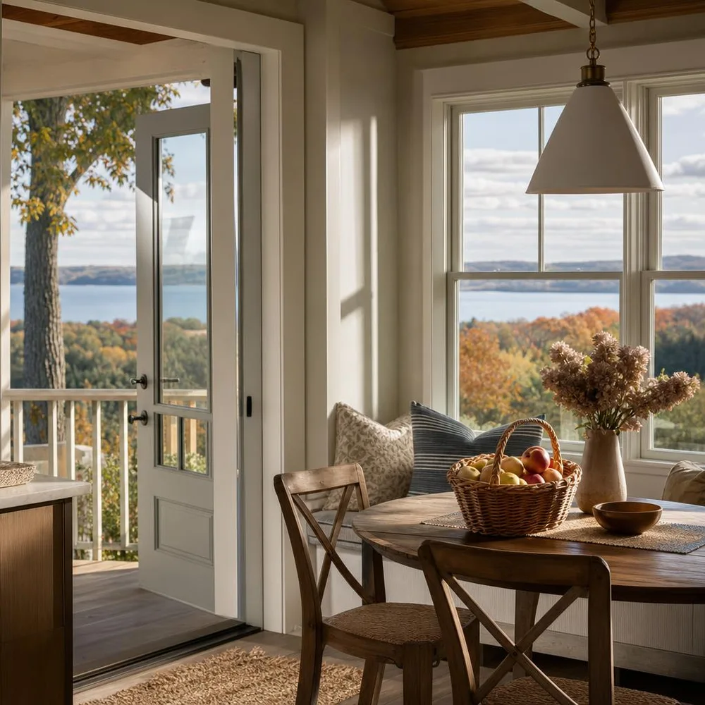 Traverse City cottage breakfast corner with orchard basket