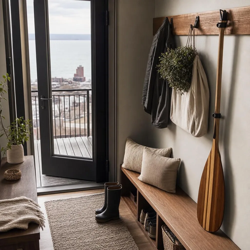 Duluth apartment mudroom with kayaking paddle