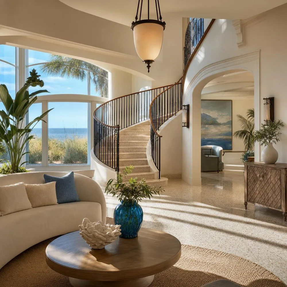 Elegant Biloxi coastal residential lobby with curved staircase