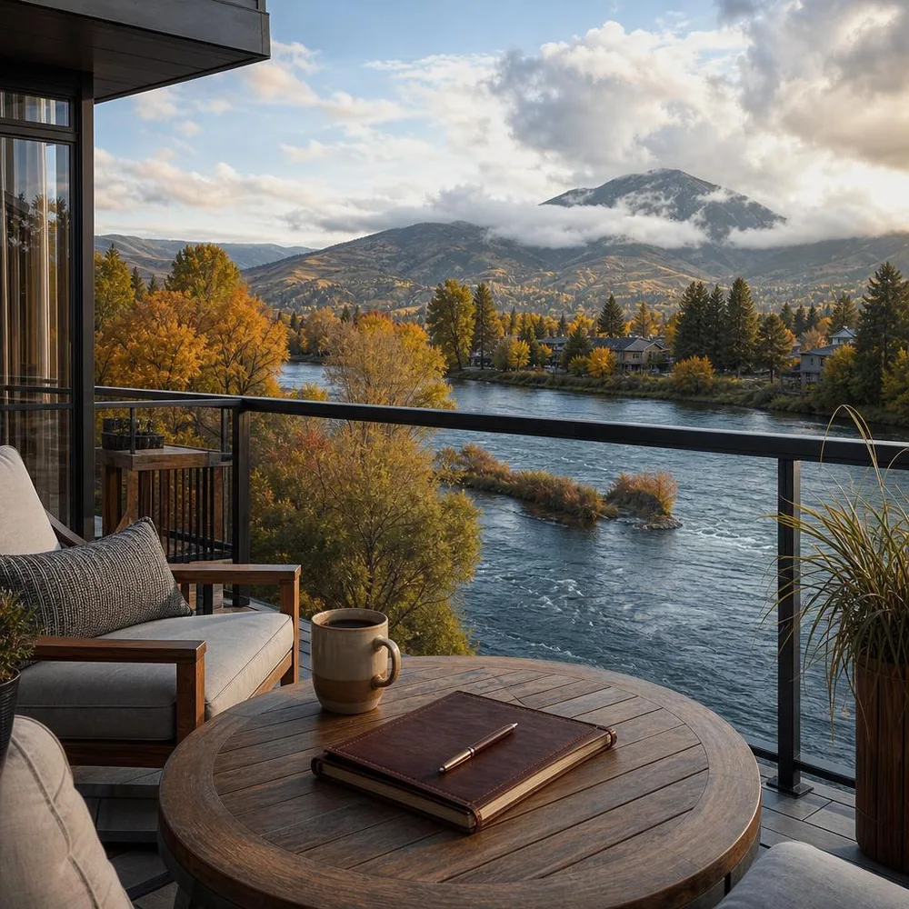 Missoula riverside neighborhood with furnished apartment balcony