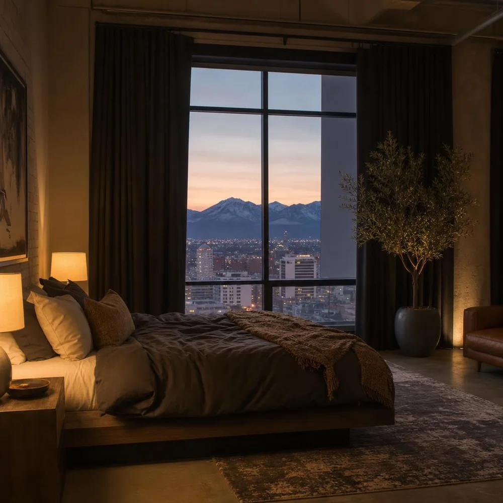 Reno loft at dawn with blackout curtains half drawn