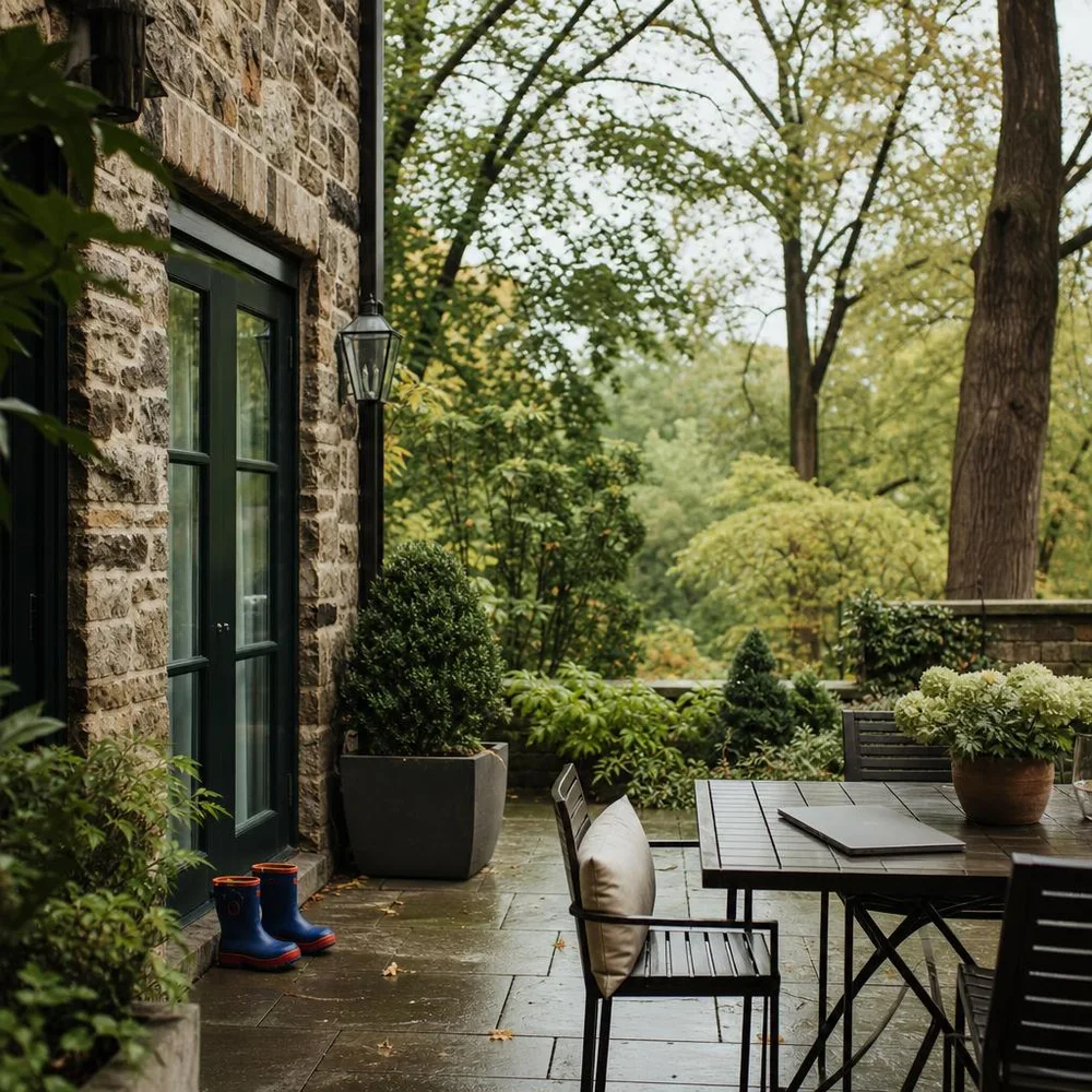 Princeton garden apartment patio with children's rain boots
