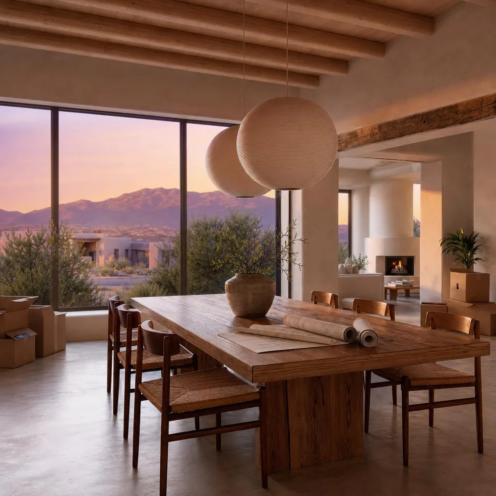 Albuquerque modern adobe dining space with rolled house plans