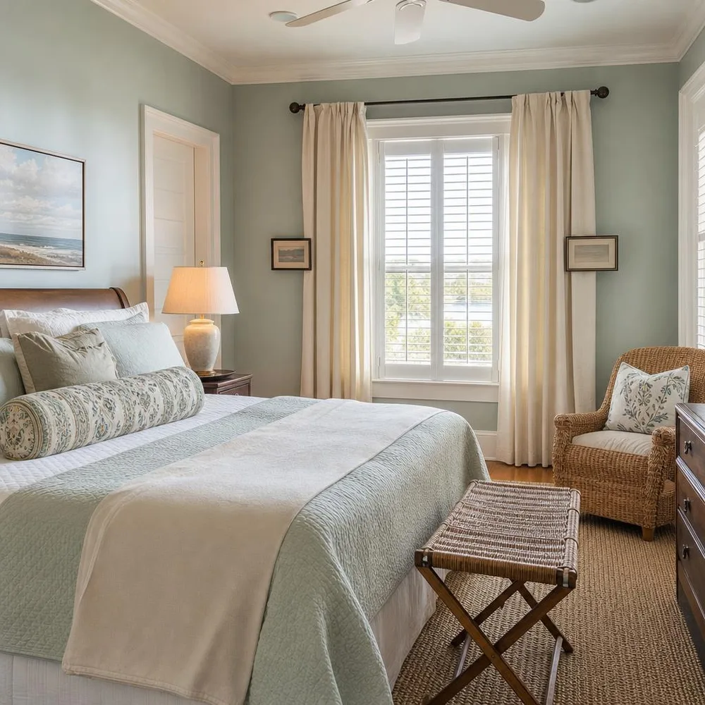 Wilmington coastal cottage guest room with layered quilts