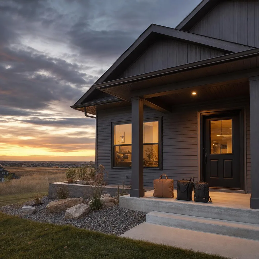 Bismarck prairie-edge rental house with three work bags on a sheltered porch