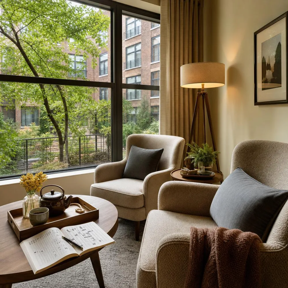Quiet Cleveland apartment corner with two comfortable chairs