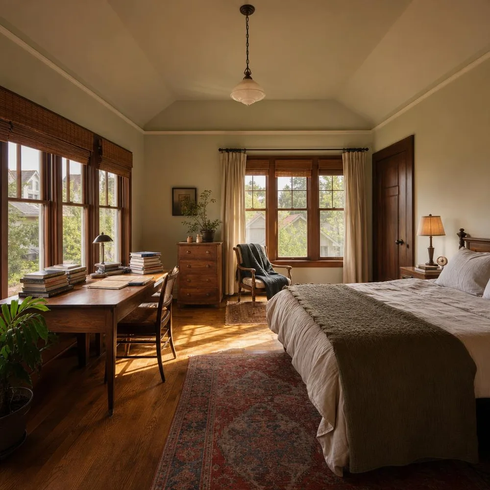 Norman bungalow bedroom with packed textbooks
