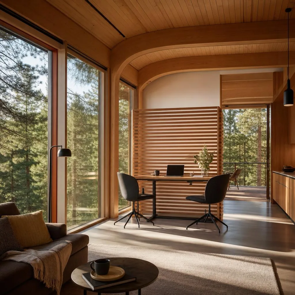 Bend modern timber living room with movable desk screen