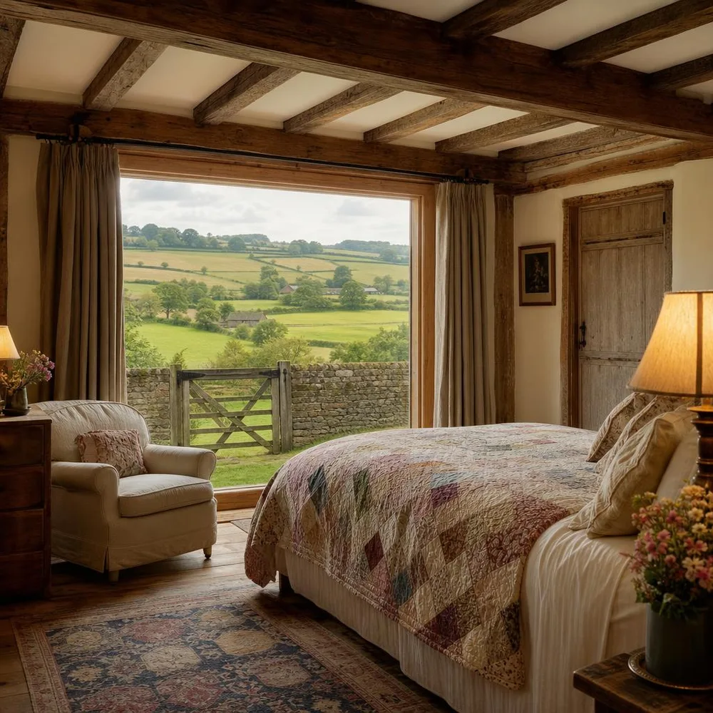 Lancaster farmhouse guest suite looking over patchwork fields
