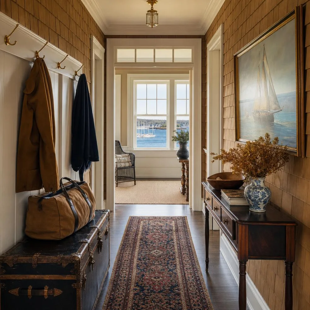 Newport shingled cottage hallway with brass hooks