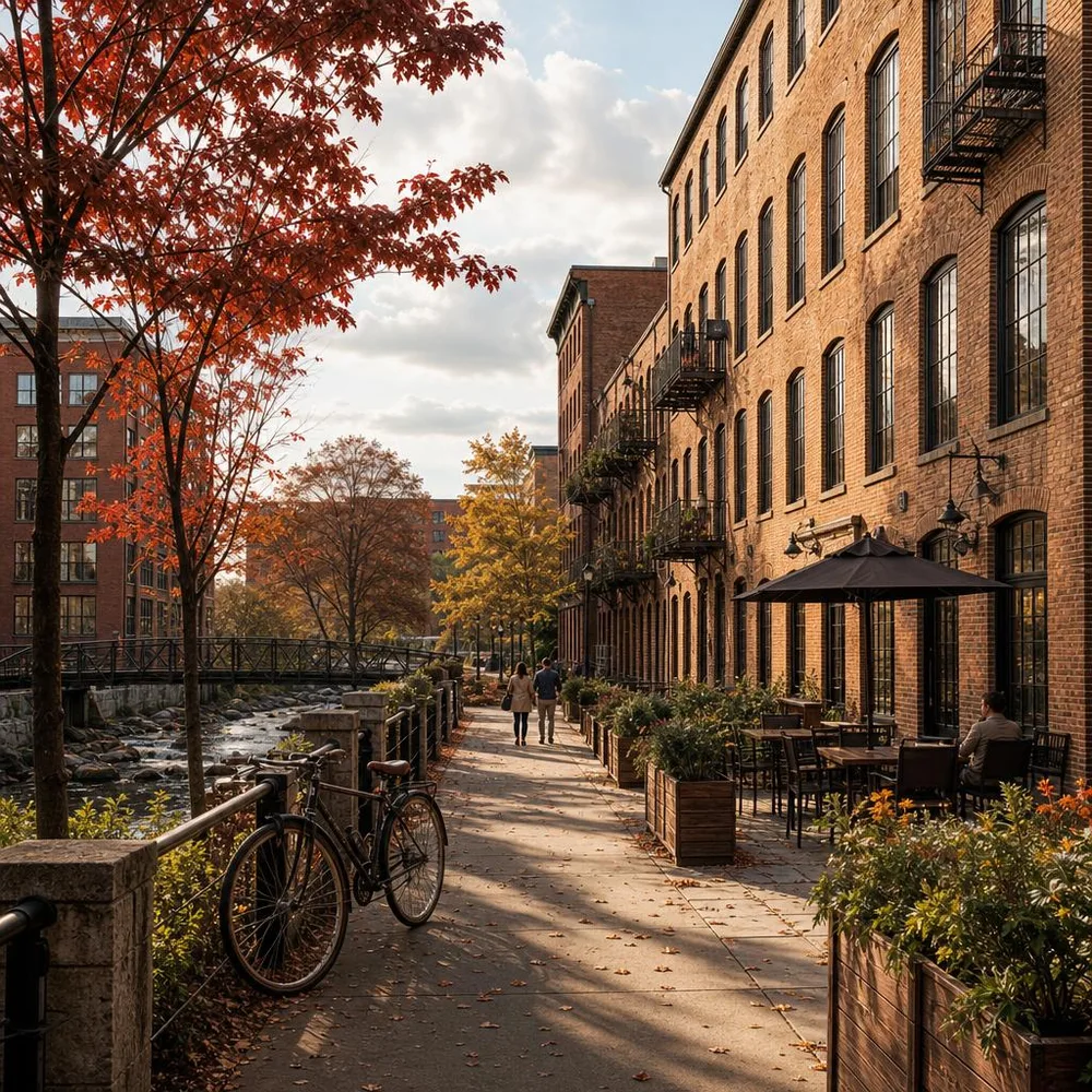 Greenville leafy street with restored mill apartment
