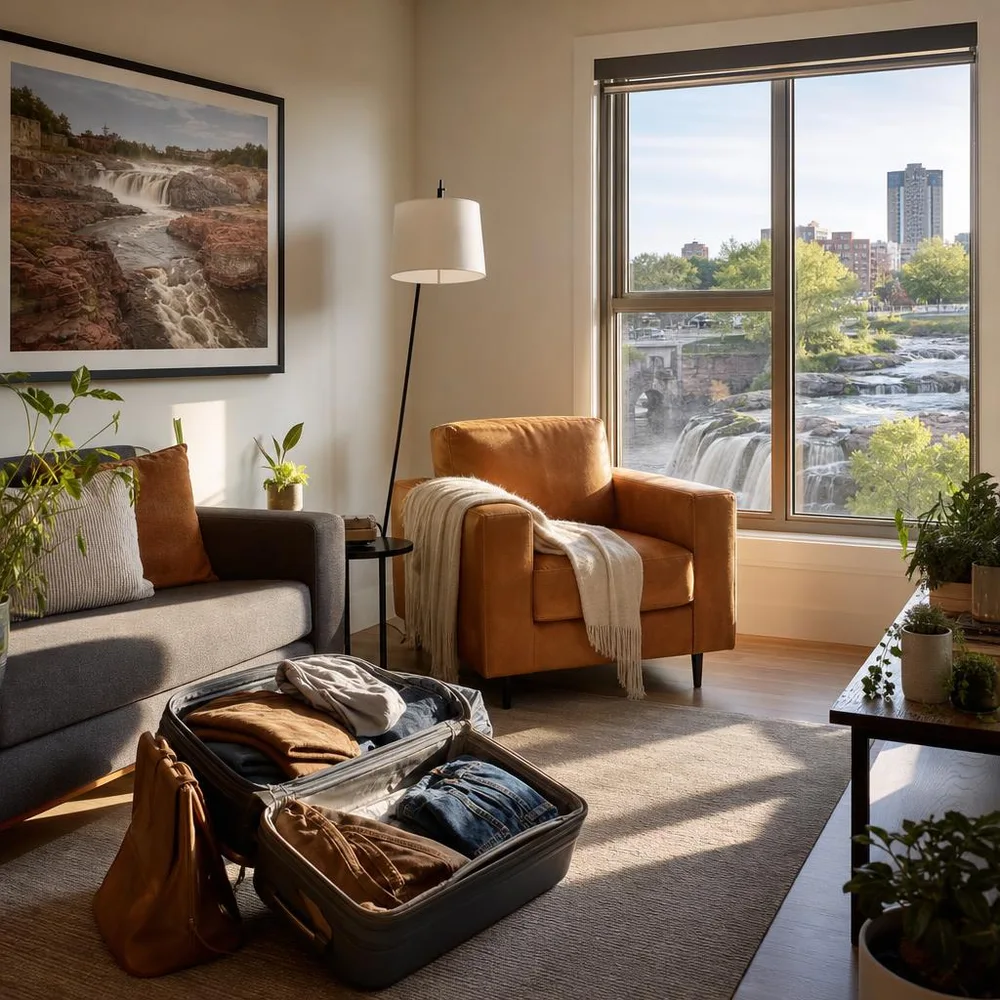 Sioux Falls sunlit apartment with local-style landscape print
