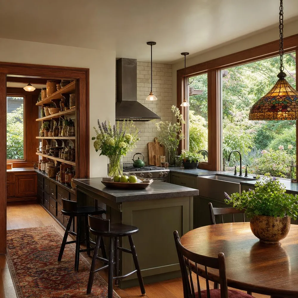 Knoxville Craftsman shared kitchen with separate pantry shelves and breakfast table