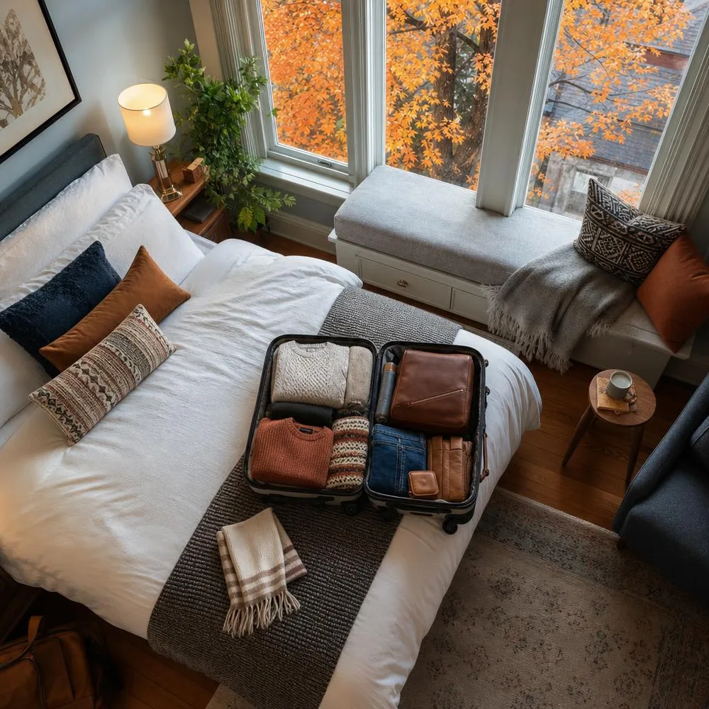 Burlington Vermont bedroom with carefully packed carry-on