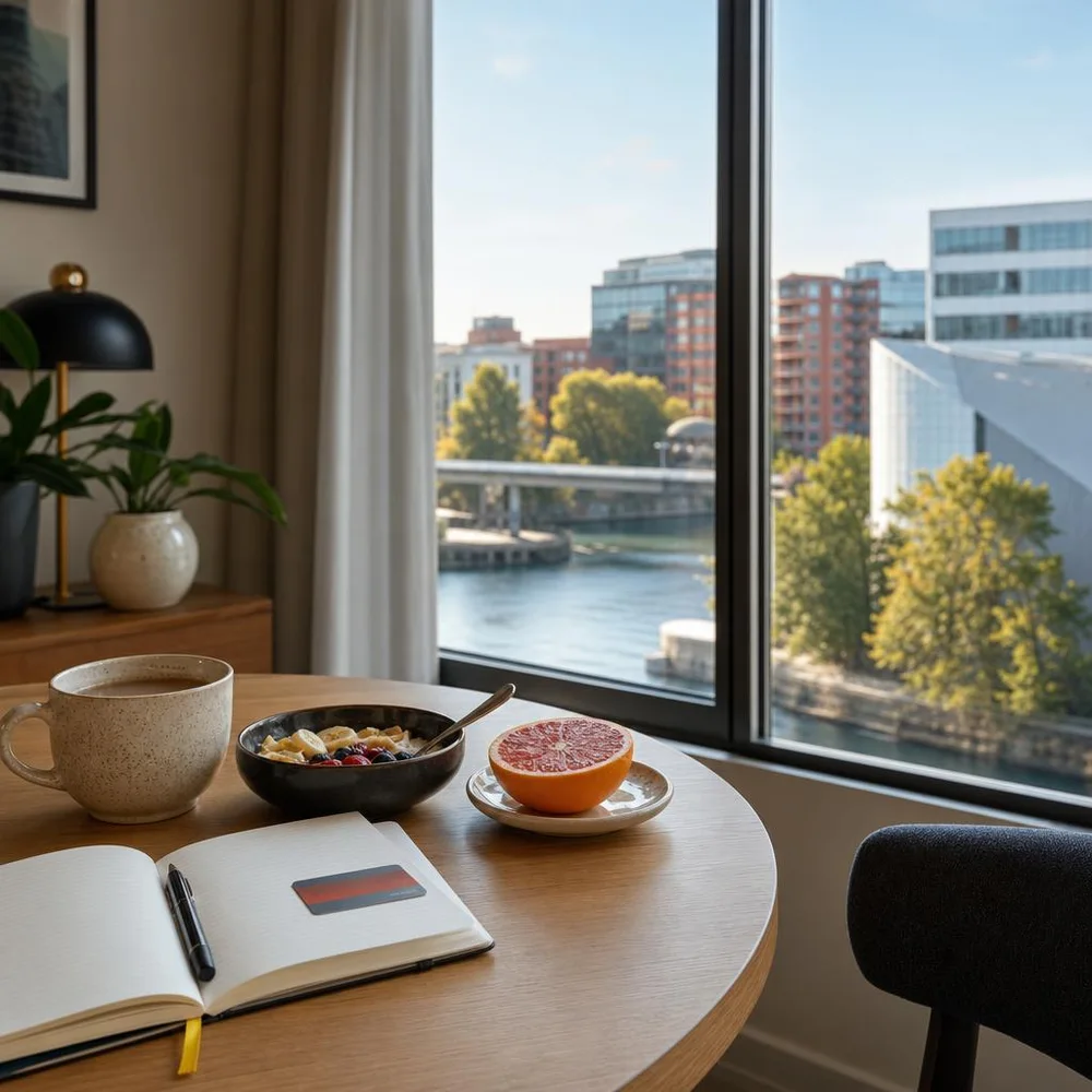 Spokane apartment breakfast table with budget notebook