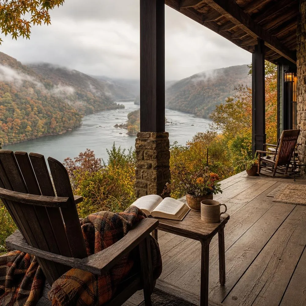 Harpers Ferry hillside cottage veranda overlooking river confluence-inspired scenery