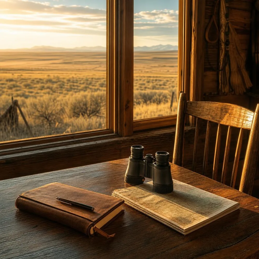 Laramie high-plains cabin table with field notebook